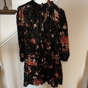 Fabrik Floral Black Dress with floral pattern and gold stitching - size medium